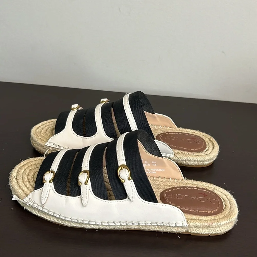 COACH Devon Espadrille Sandal Leather Slip On Slide Shoe Black White Sz 5 NEW